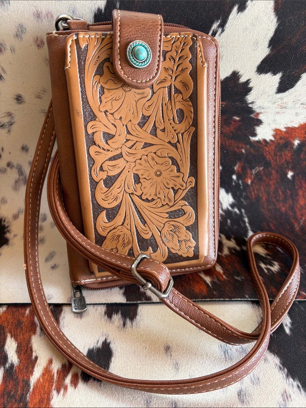 Montana West Leather Floral Tooled Crossbody Cell Phone Wallet - Brown